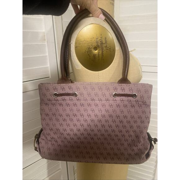 90s DOONEY & BOURKE Eggplant Canvas Sig Logo TOTE Leather Trim Double Handle - Picture 2 of 12